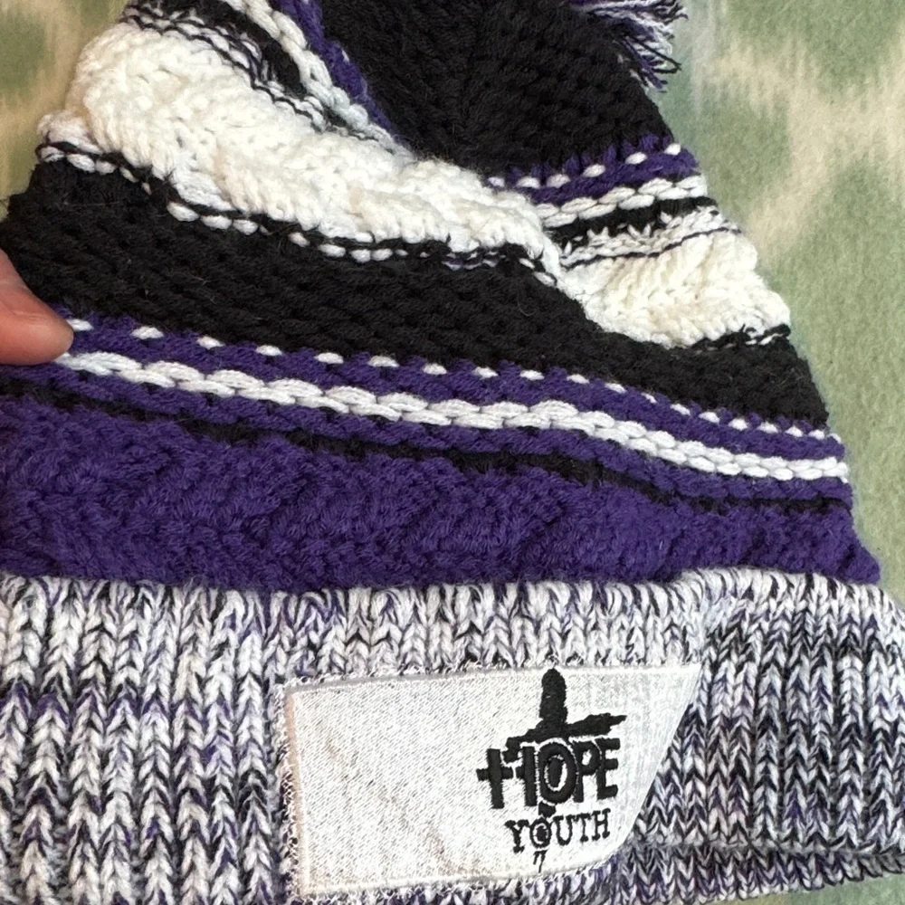 NWOT Sport Tek Purple black chunky knit beanie with pompom